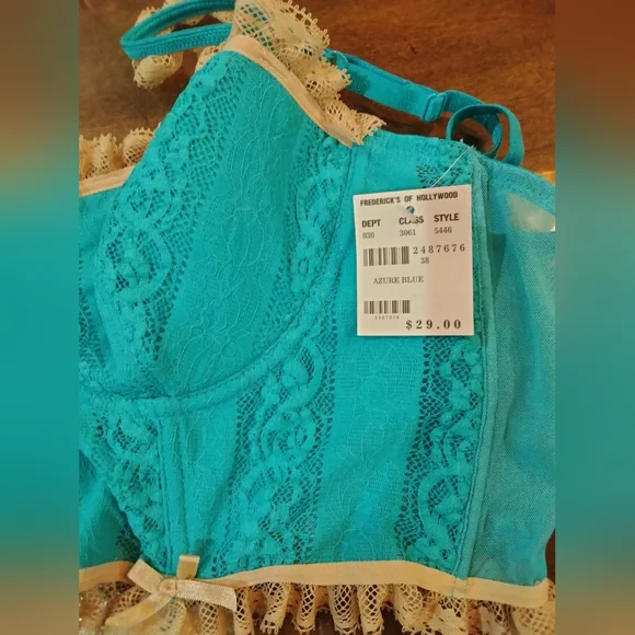 Power Femme Lace Bustier Bra & Garter Skirt Set in Azure Blue & Champagne - Picture 3 of 11
